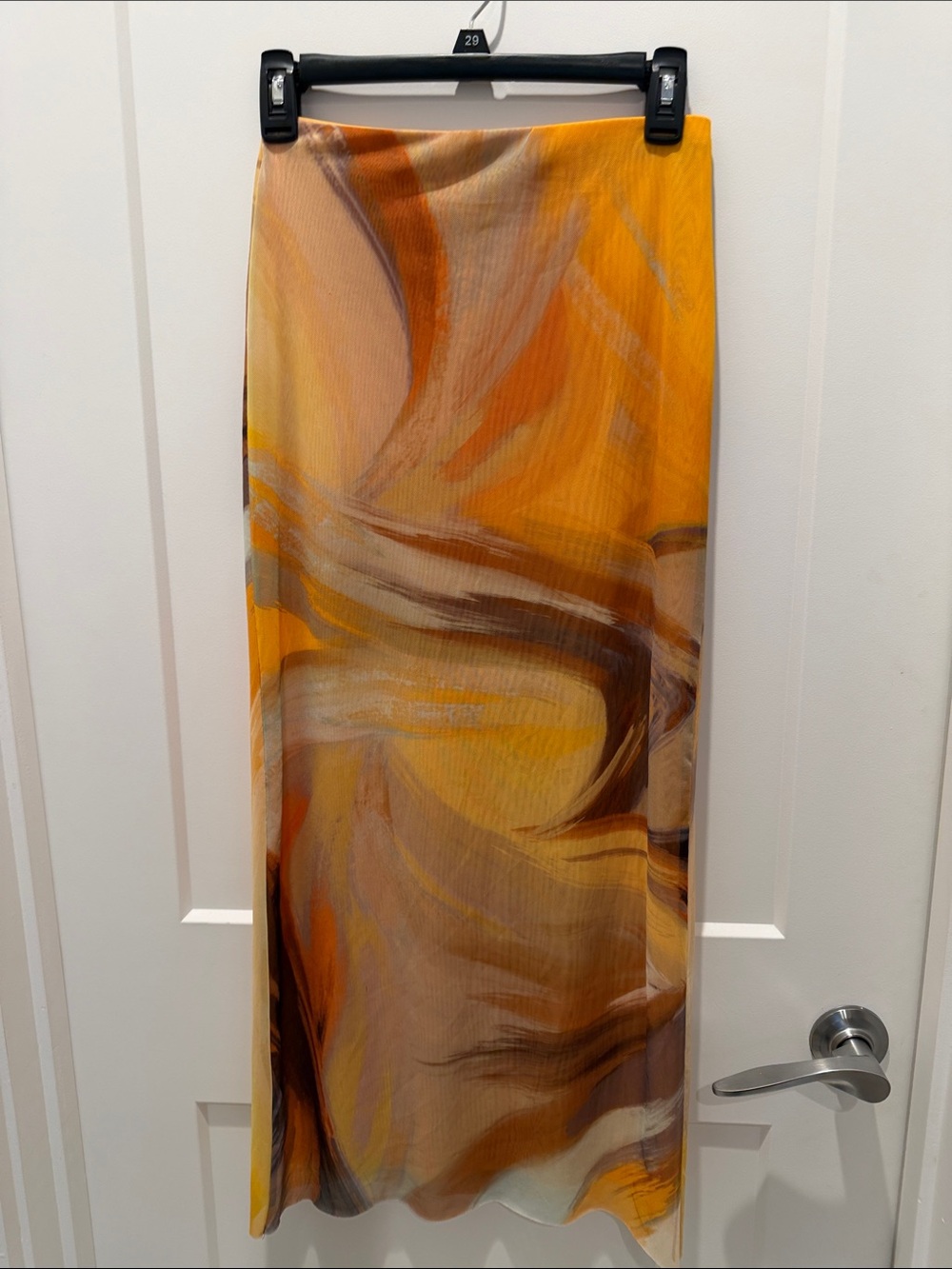 Zara Abstract Swirl Maxi Sheer Skirt in Mustard, Brown & Cream